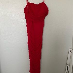 Red scrunch tight midi dress